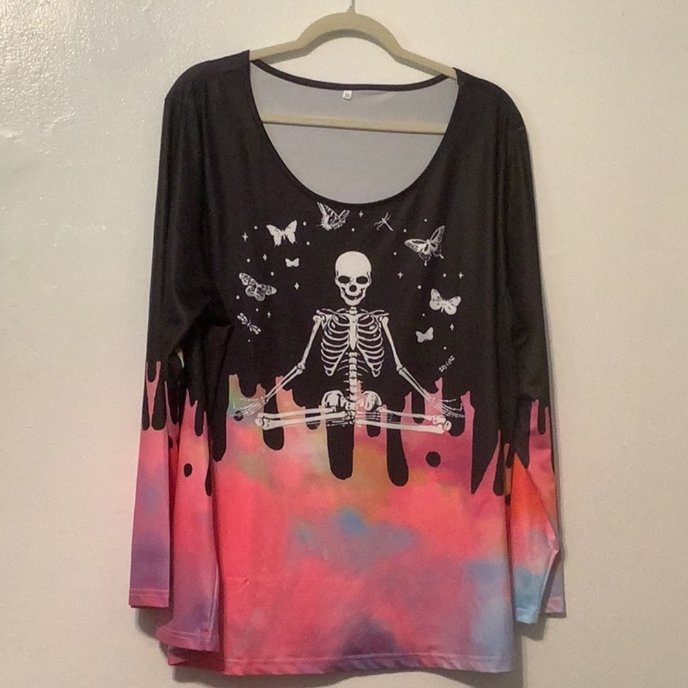NEW skeleton butterflies Halloween Long sleeve T Shirt Plus 2X pit to pit 25